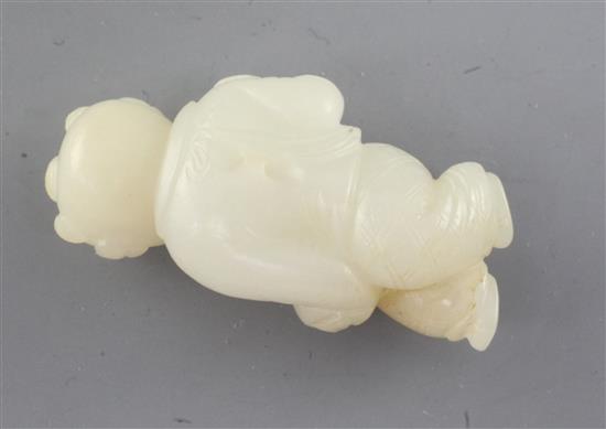 A Chinese white jade figure of a boy holding a bird, 18th/19th century, 6.2cm